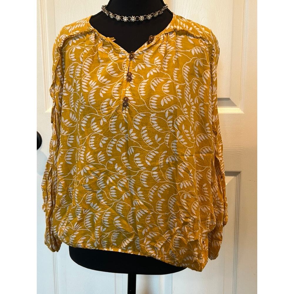 Maeve by Anthropologie Letizia Ruffled Henley Blouse - Yellow Leaf - Small